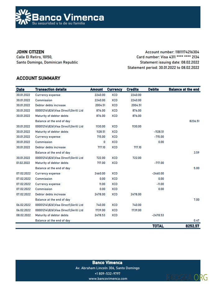 Relevé bancaire de la Banco Vimenca en République Dominicaine